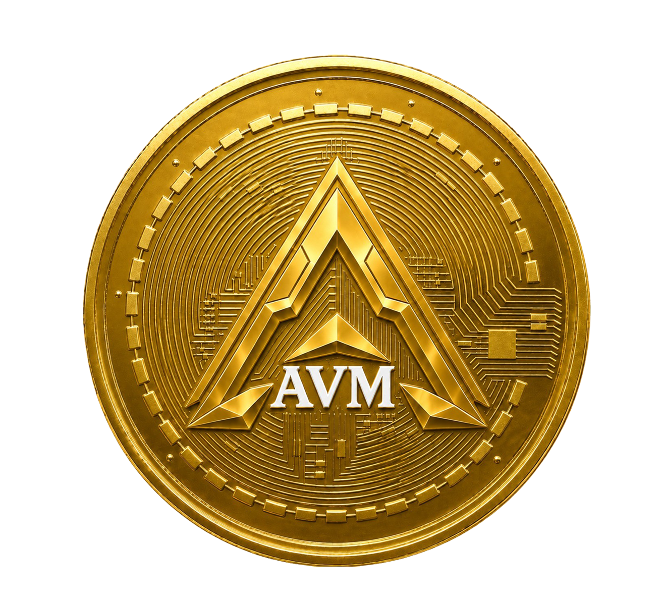 AVM coin — a glowing hexagon-core coin representing the Ascend Virtual Money blockchain