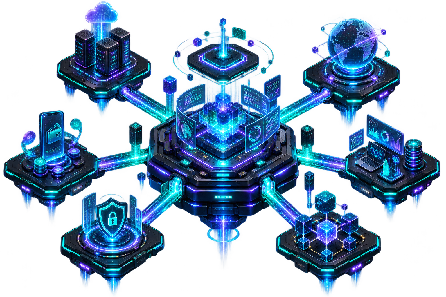 Diagram of the Ascend Virtual Money blockchain core connected to wallets, security, analytics, cloud, and global nodes